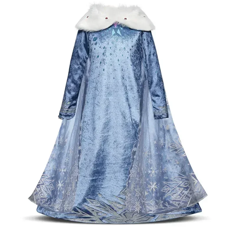 Princess Frozen Elsa Dress for Girls Velvet Winter Long Sleeve Dress Halloween Cosplay Carnival Party Costume with Long Cloak