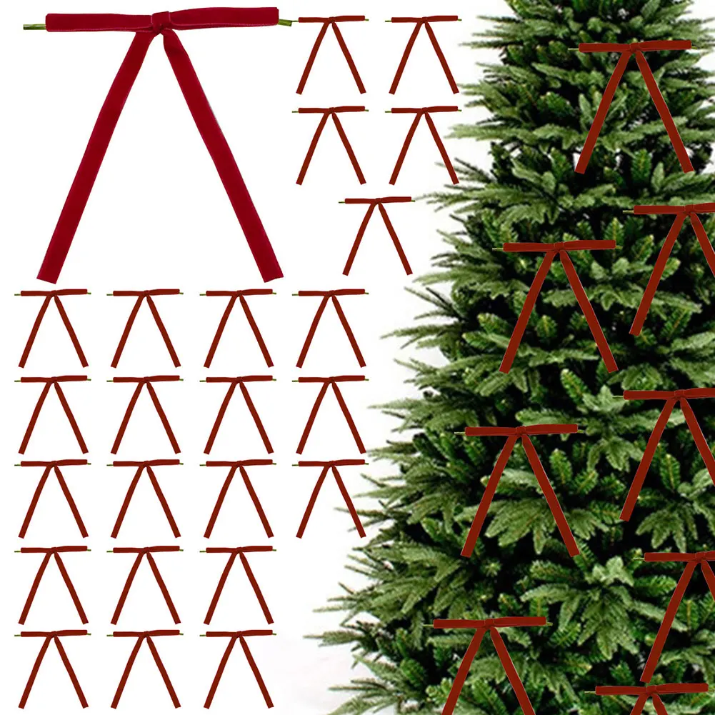 Set Of 12/24 Xmas  Wreath Velvets Bows Retro Velvets Ribbon Bows Hanging Decorations For Xmas Tree Decoration Door Garland Decor