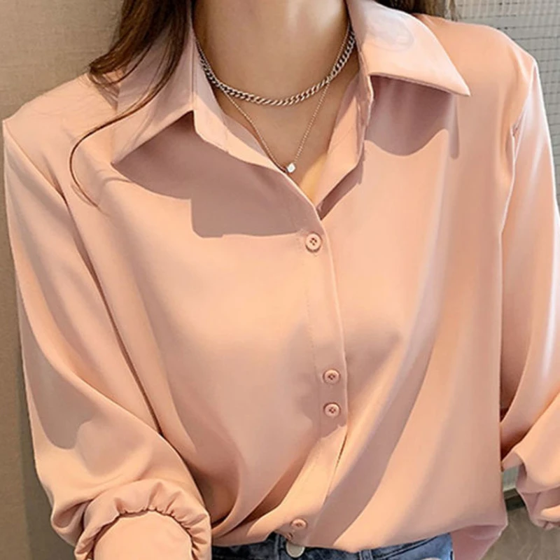 Deeptown Solid Satin Shirt for Women Chiffon Blouse Summer Thin Satin Silk Button Up Blouse Office Shirt Long Sleeve Tops Female