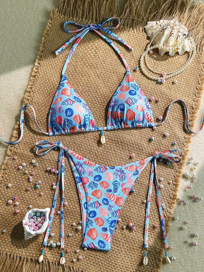 

Сексуальные купальники с декором из ракушек 2025: Женский комплект с синим цветочным принтом, бюстгальтер пуш-ап, стринги с завязками, пляжный купальник