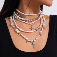 KunJoe Goth Multilayer Imitation Pearl Long Chain Necklace Women Vintage Cross Pendant Necklace New Year Jewelry Y2K  Accessory