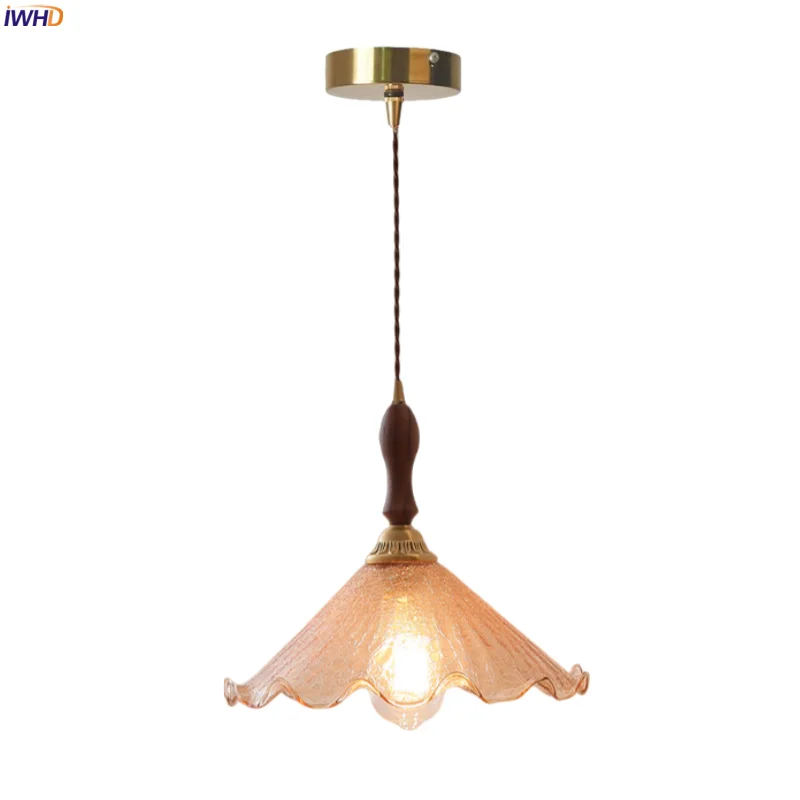 

IWHD American Vintage LED Pendant Lamp Living Room Decoration Bedroom House Amber Cracked Glass Copper Pendant Light Hanglamp