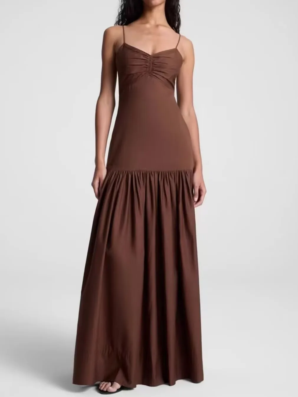 

Pure Color Women 100% Cotton Sling Robe V-Neck Sleeveless Pleated Casual Slim Maxi Dress