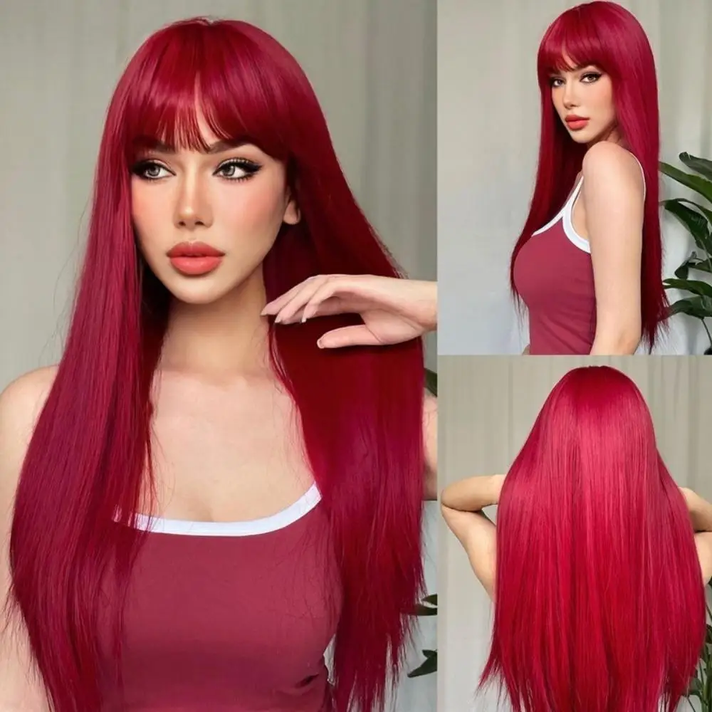 Long Straight Red Synthetic Wig Air Bangs Natural Heat Resistant Hair Women Daily Halloween Cosplay Party Full Head Cover