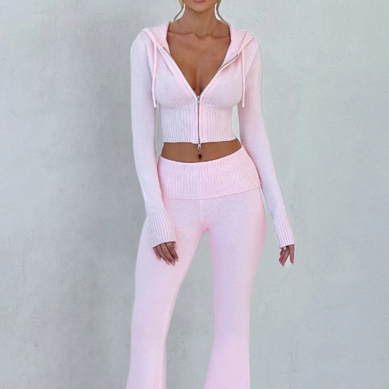 

Spring New Season Knitted Women's Set, Slim Fit Hooded Short Jacket And Casual Pants, Fashionable Two-piece Set For Women