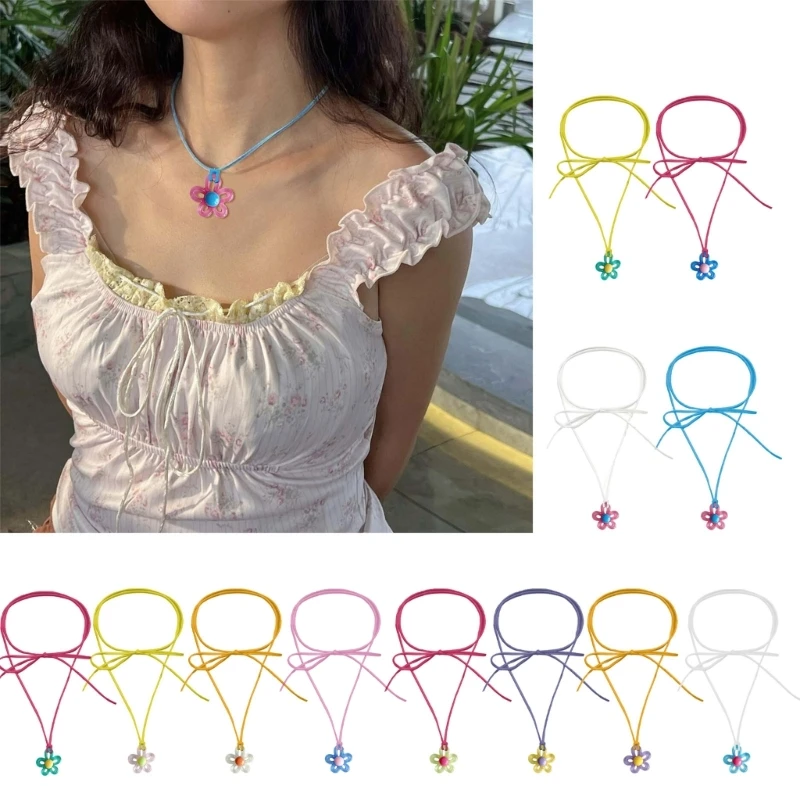 Colorful Flower Pendant Necklace Sweet Flower Clavicle Chain Necklace Acrylic Flower Pendant Choker Collarbone Chain Pendant