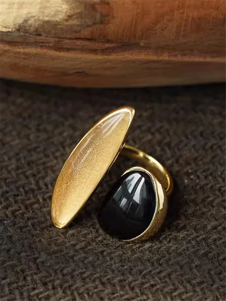 Vintage Black Agate Open Ring Gold Color Brass Light Luxury for Women Jewelry European And American 2024 New Party Gifts