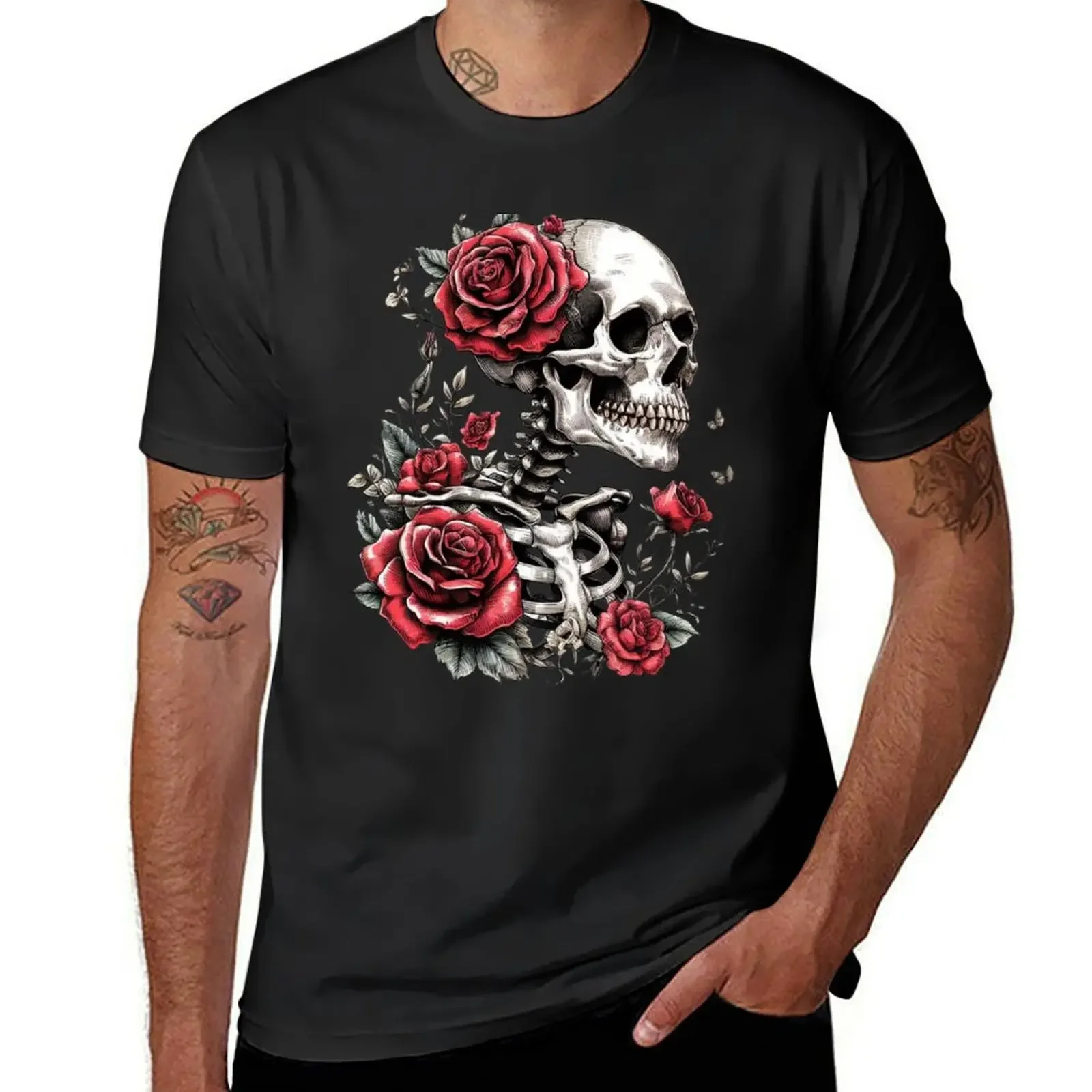 Skeleton Adorned With Roses T-Shirt blue archive oversized t shirt summer clothes quick drying outfits for men