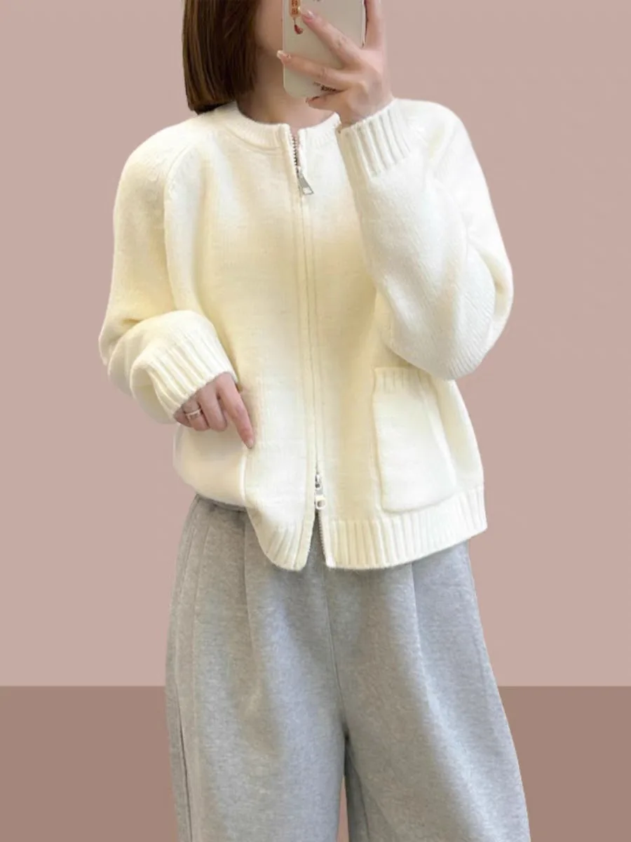 2024 autumn and winter new Korean version soft fashion versatile double zipper knitted cardigan sweater jacket for women