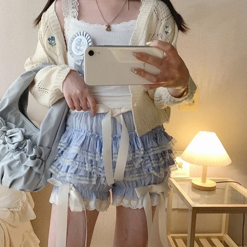 

Multilayer Lace Trim Kawaii Shorts Women Ribbons Bow Ruffles Elastic Waist Cake Shorts Cute Bottoming Lolita Shorts Sweet Girls