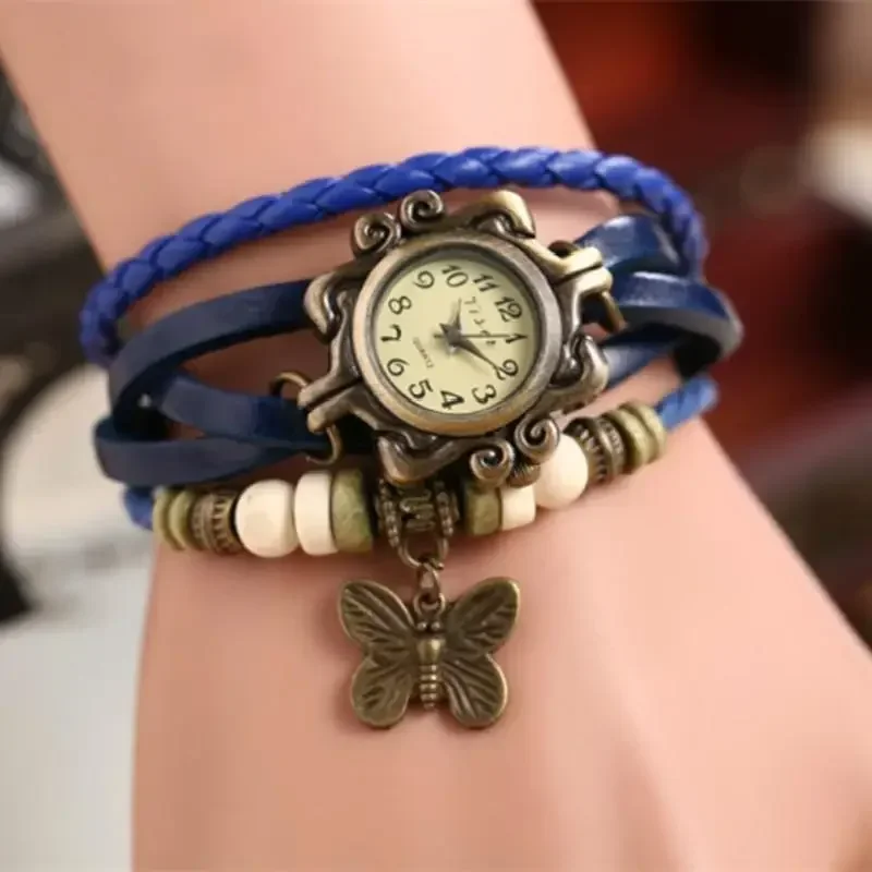 Vintage Fashion Creative Gifts Cow Leather Watch Women Ladies Fashion Butterfly Beads Dress Quartz Wristwatch Accessories Decor