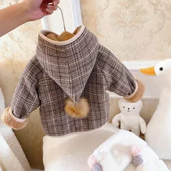 2022 Winter Girls Boys Thick Warm Fleece Hooded Plaid Coat Baby Kids Children Jacket Outerwear Cute Design