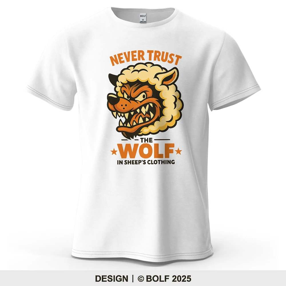 Never Trust The Wolf Bedrucktes Herren-T-Shirt aus 100 % Baumwolle, übergroße Retro-Cartoon-Grafik-T-Shirts für Damen, Top-T-Shirts, Streetwear