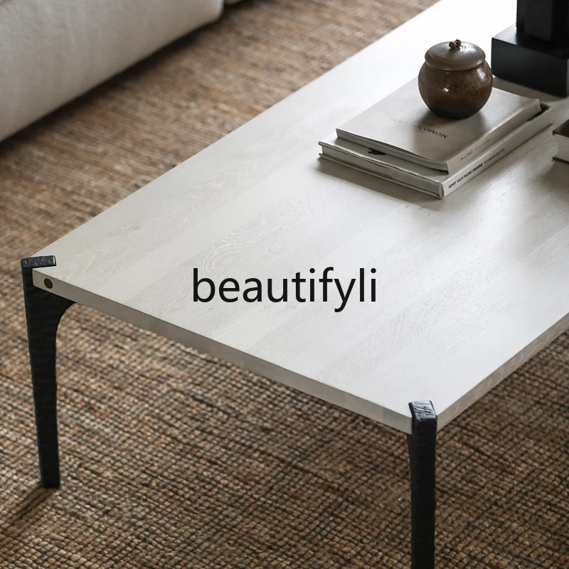 Nordic wabi-sabi retro solid wood tea table household living room metal rectangular coffee table