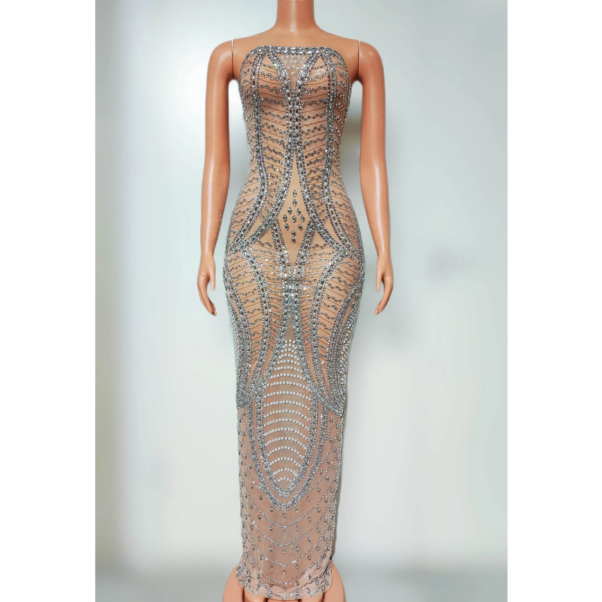 

High Luxury Silver Rhinestone Chest Wrap Dress Adult Model Catwalk Trendy Clothing Company Annual Meeting Evening Birthday Dress