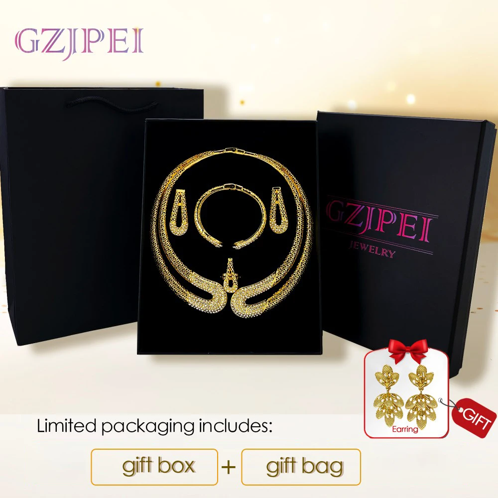 

GZJPEI Luxury Zircon Gift Box Jewelry Set Design Nigeria Gold Color Big Jewelry For Women Wedding / Birthday / Anniversary Gift
