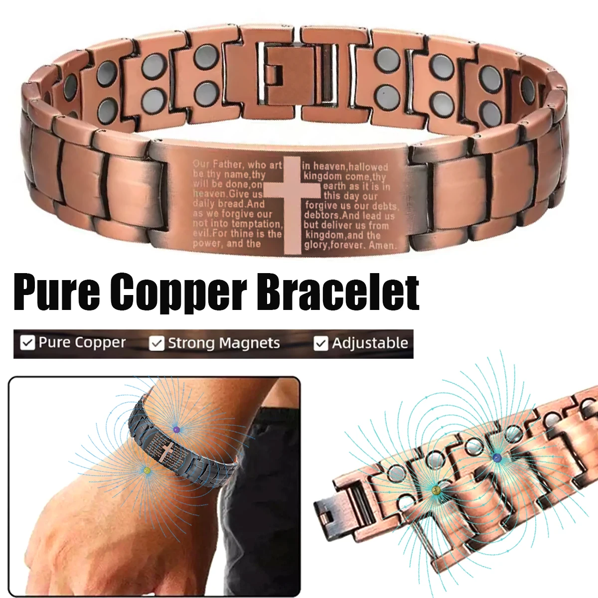 Mens Magnetic Bracelets, Cross Copper Plating Bracelet with Double-Row Strength Magnets for Men Husband Dad Christmas Gifts
