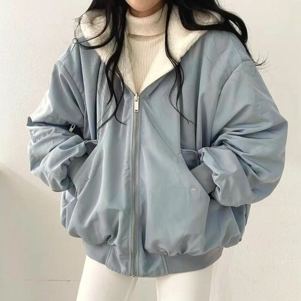 Casual Winter Women Jacket Reversible Lambswool Coat Hooded Zipper Warm Cotton Padded Outwear Thickened Style For AIYISHANGFUSHI