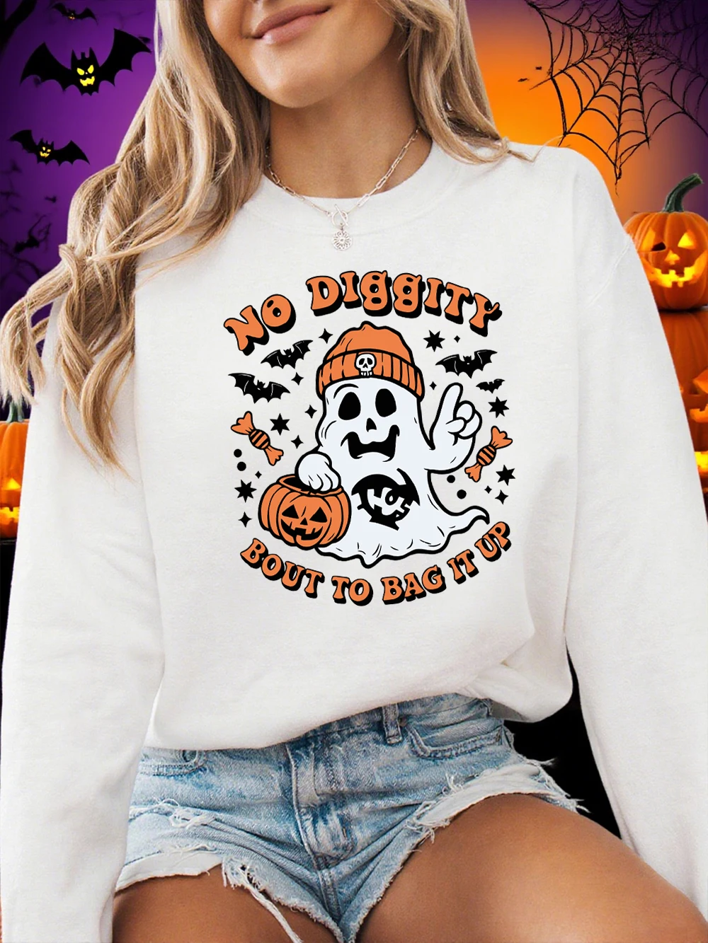 เสื้อสเวตเชิ้ตฮาโลวีนพิมพ์ลาย No Diggity Bout To Bag It Up สำหรับผู้หญิง ทรงหลวม สวมใส่สบาย มีฮู้ด ผ้าฟลีซ คอกลม เสื้อผ้าฤดูหนาวเนื้อนุ่ม