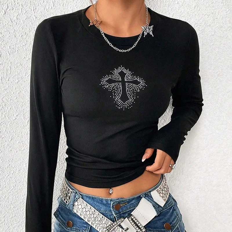 Goth Dark Rhinestone Mall Gothic Basic T-shirts Cyber Y2k Punk Long Sleeve Women Crop Tops Grunge Cross Skinny Fashion Black Tee