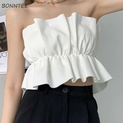 Sexy Strapless Camis Women French Style White Elegant Folds Design Fashion Slim Ladies Mature All-match Crop Tops Vintage Tender