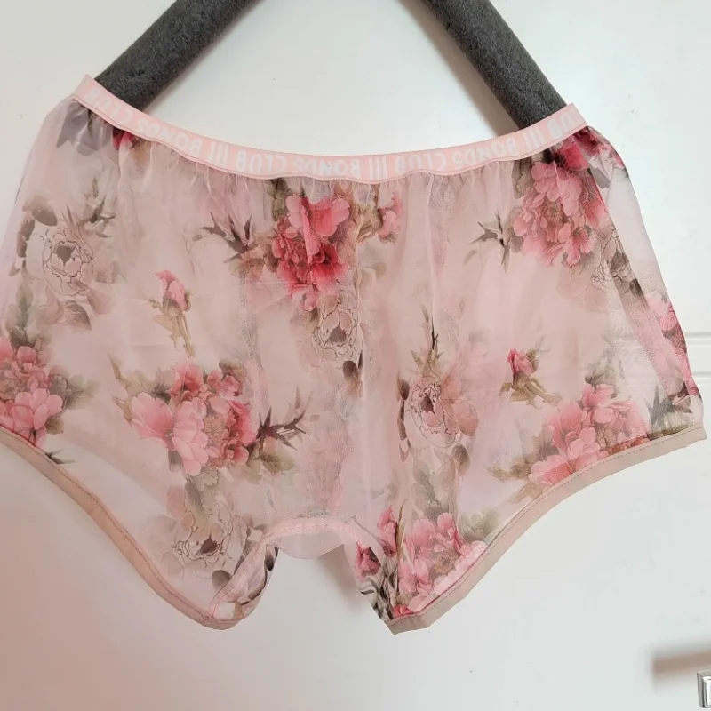 

Retro Men's Floral Underwear Chiffon Single-Layer Soft Silky Low Waist Flat Mouth Sexy Briefs DJ Club Bar BF Private Party