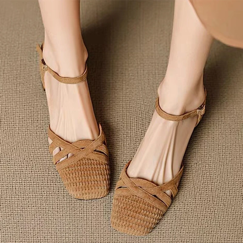 Retro Weave High Heel Sandals Women 2025 Summer Square Toe Ankle Strap Beach Shoes Roman Closed Toe Square Heels Casual Shoes