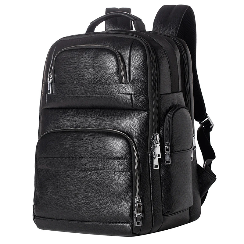 Men's Quality Genuine Leather Backpack USB charging Women Waterproof Black Laptop Daypack Student Schoolbag Big Travel Rucksack