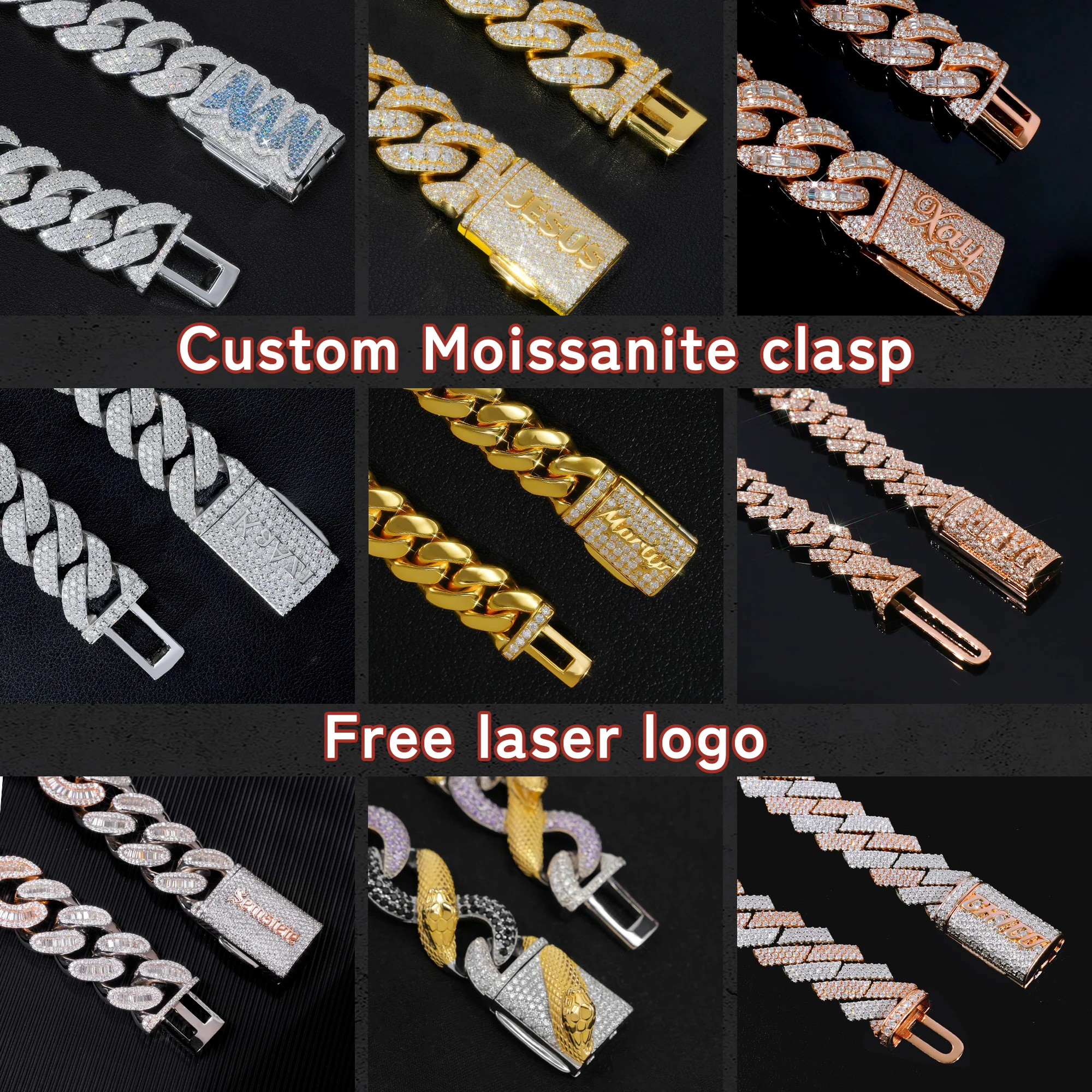Plain 15MM Cuban Chain Custom Iced Out Cuban Link Chain Moissanite Clasp Hiphop 925 Sliver Gold Plated..