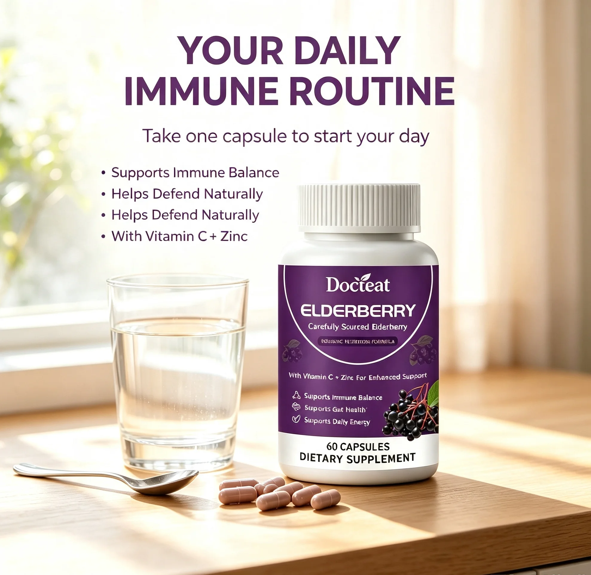 Elderberry Capsules Gut Health & Immune Support Supplement Antioxidant Boost Immunity Digestive System Care For Men Women