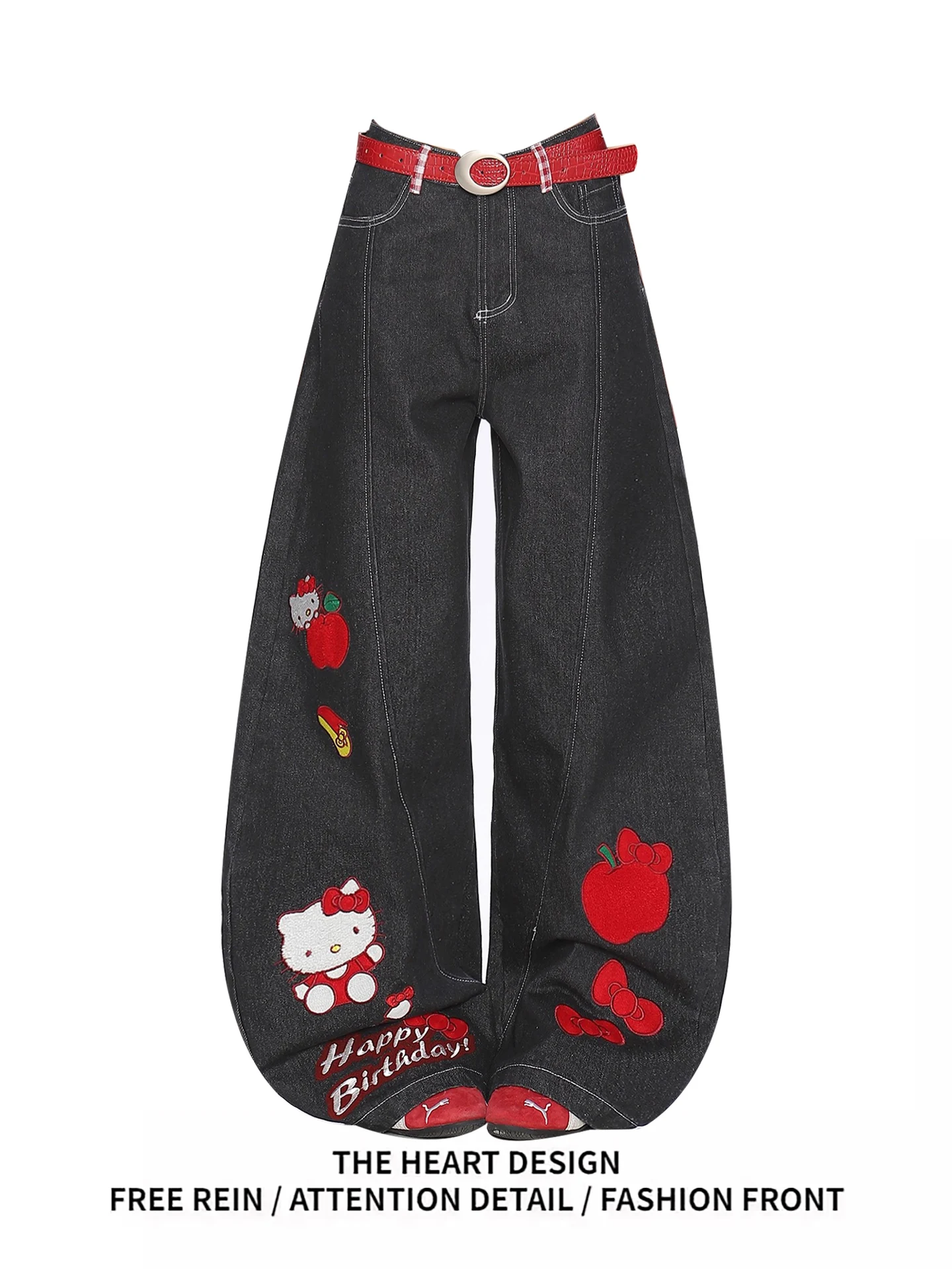 

American Retro Kit Embroidered Denim Pants Women's Loose Wide Leg Floor Length Knife Trousers Autumn New Design
