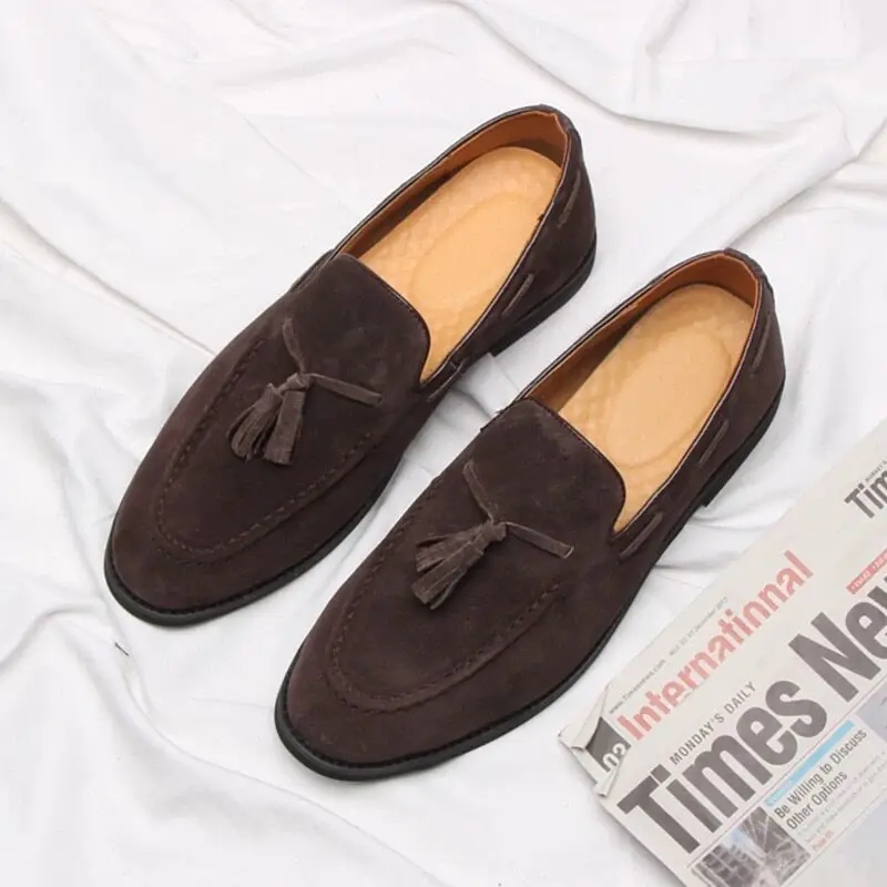 

British Loafers Men's Shoes Pointed Toe Slip on Tassel Casual Office Business Wedding Youth Breathable Dress Leather Shoes Male