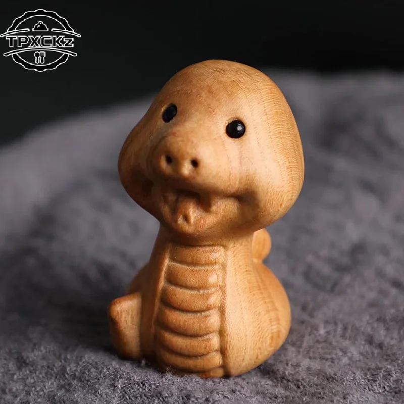 Mini Wood Carving Chinese New Year Snake Ornaments Zodiac Statue Cute Snake Animal Decor Office Desktop Decor Car Decoration