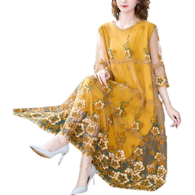 Summer Embroidery Floral Natural Silk Light Midi Dress Women Korean Fashion Light Beach Dress 2024 Elegant 5XL Plus Size Dress