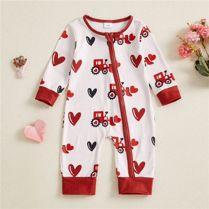 Infant Baby Girls Boys Valentines Romper Loose Fit Excavator Love Heart Print Zip Up Crew Neck Long Sleeve Newborn Jumpsuit