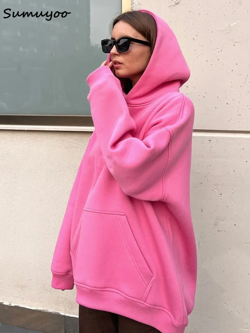 Sumuyoo Felpe con cappuccio oversize per donna Autunno Inverno Felpe in pile caldo spesso Ragazze Streetwear Pullover larghi