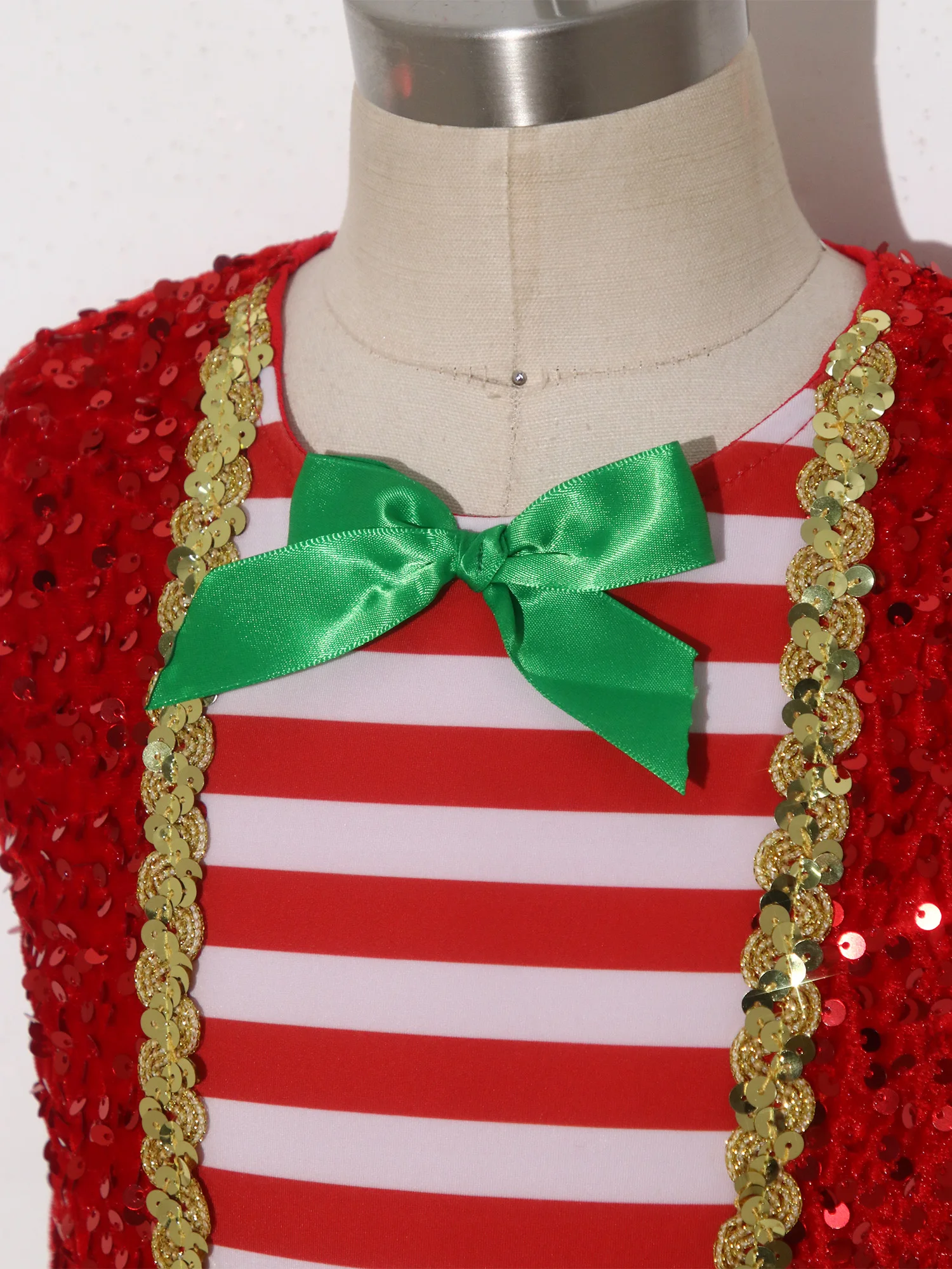 Kinder Mädchen Weihnachten Ballett Tanz Gymnastik Eiskunstlauf Trikot Weihnachten Zuckers tange Bodysuit ärmellose Streifen Pailletten Overall – Detail 15