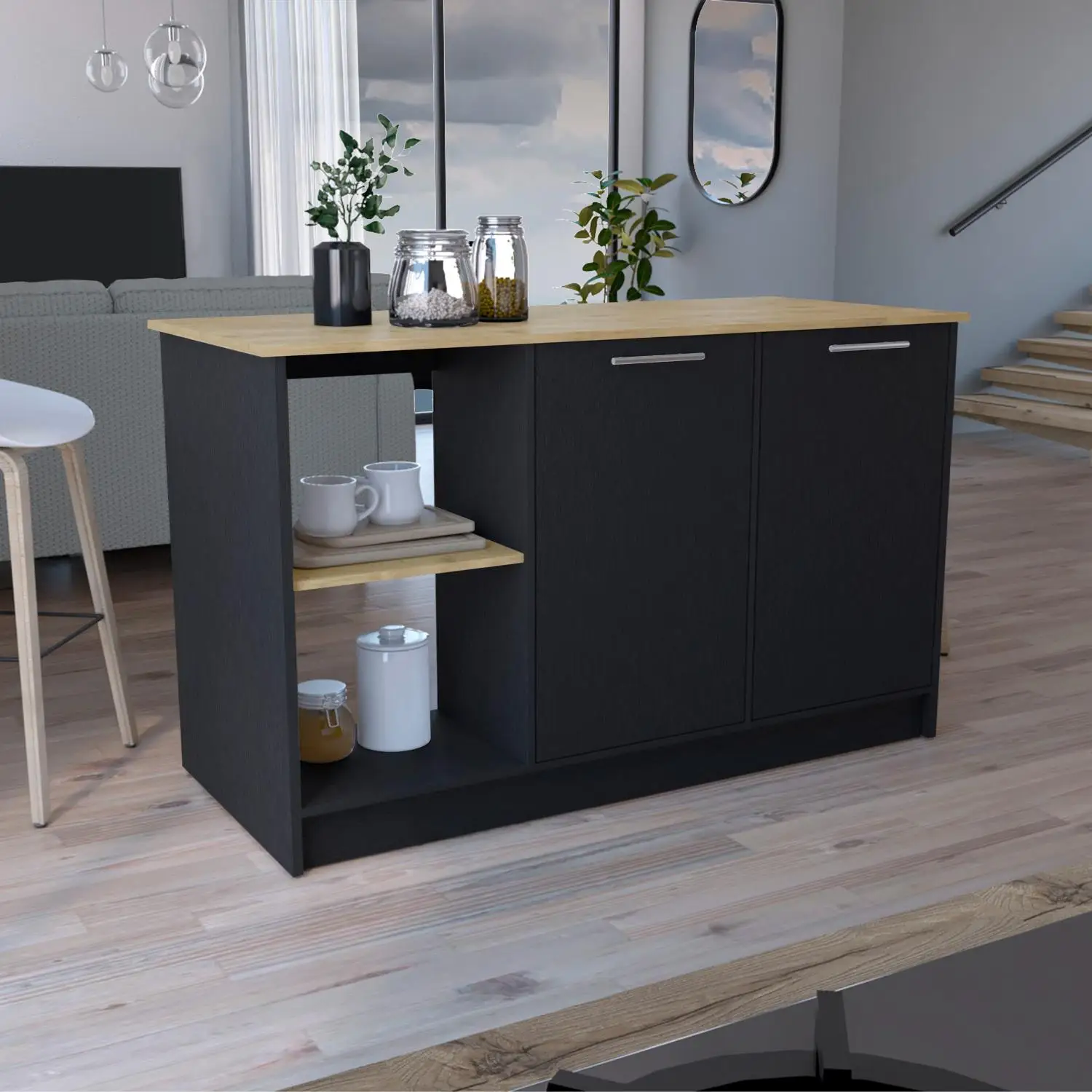 Juniper Kitchen Island with Large Top Surface, Double Door Cabinet, and Open Shelves Black / Macadamia