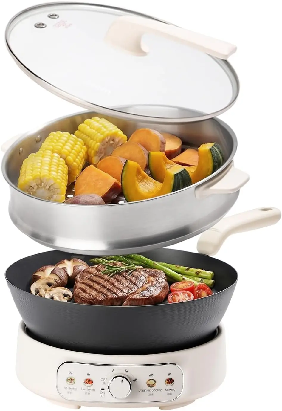 5Qt Electric Skillet Pure Iron Nonstick Frying Pan Glass Lid Steamer Rack 1600W 3 Level Heat Control Removable Pot Family Sized
