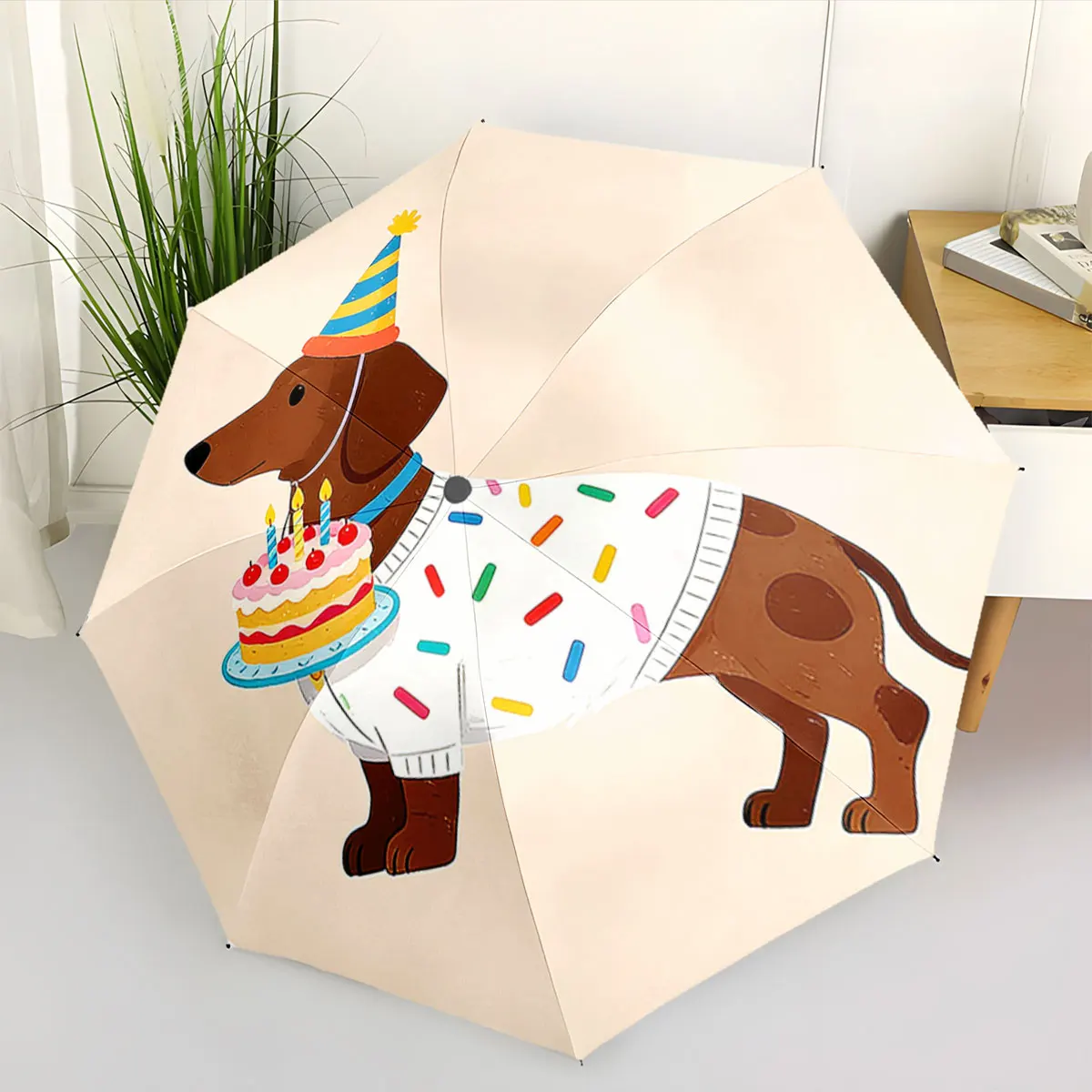 1PC Birthday Dachshund Delight on Umbrella Art Print 8 Iron Ribs Folding Umbrella Auto-Open Fashion Sunshade