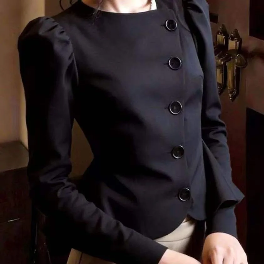 Elegant Black Slimming Long Sleeve Shirt Button Versatile Top Women's Business Casual Style Fitted Design Spring New Arrival