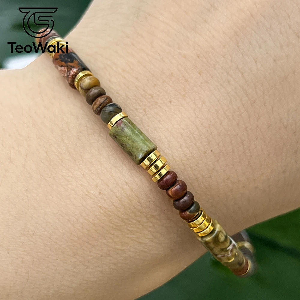 Teowaki Natural Stone Picasso Jasper Rondelle Bead Adjustable Bracelet Golden Plated Extension Chain Dainty Daily Jewelry 17+5cm