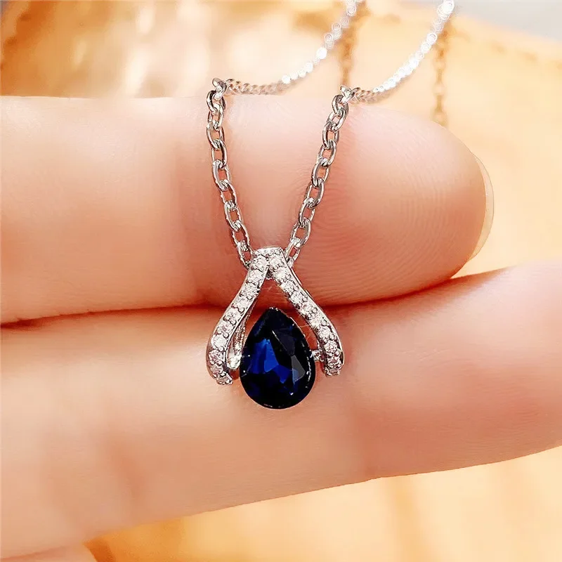 New Hot Necklace Women Blue Cubic Zirconia Newly-designed Modern Neck Necklaces Silver Plated Elegant Lady's Wedding Jewelry