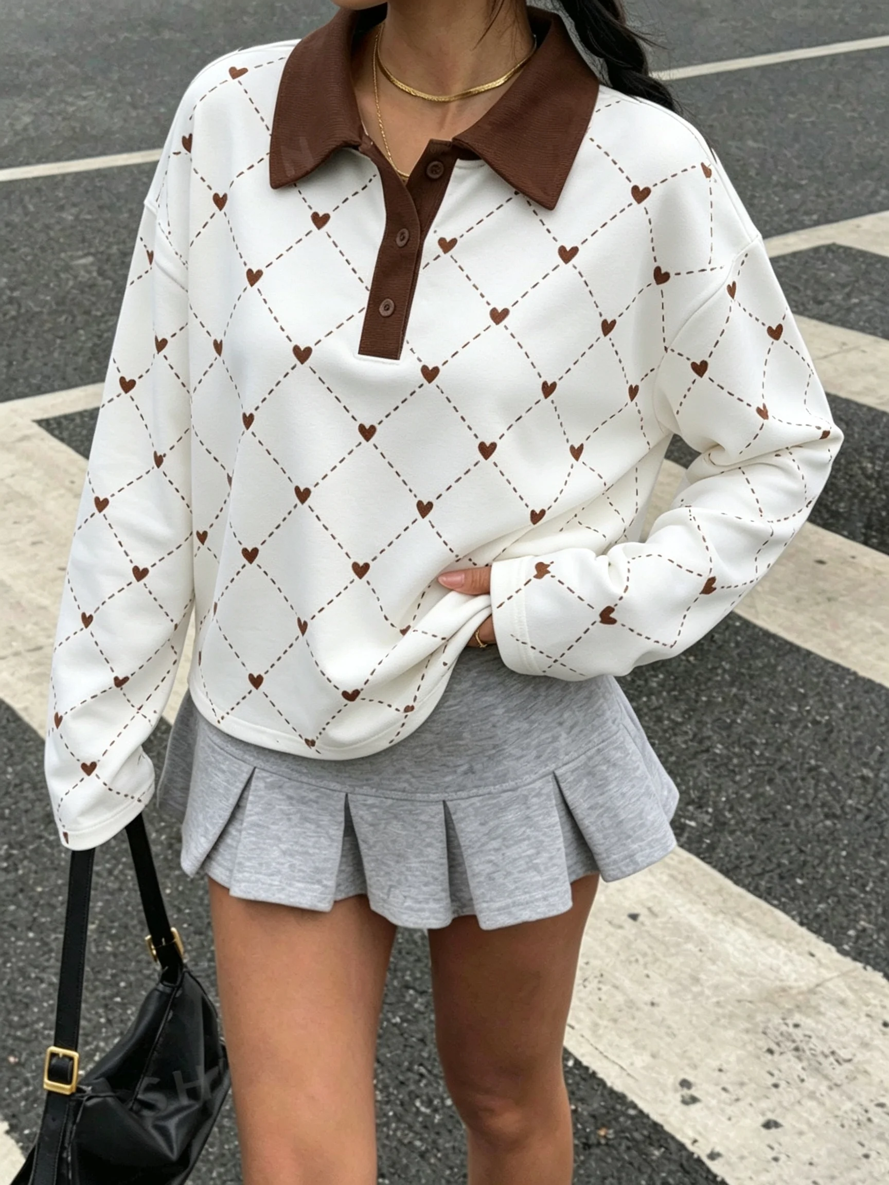 Damen-Hoodie mit geometrischem Muster und Farbblock-Design, Langarm, lässiger Revers-Knopfverschluss, für den Alltag im Herbst und auf Reisen – Detail 4