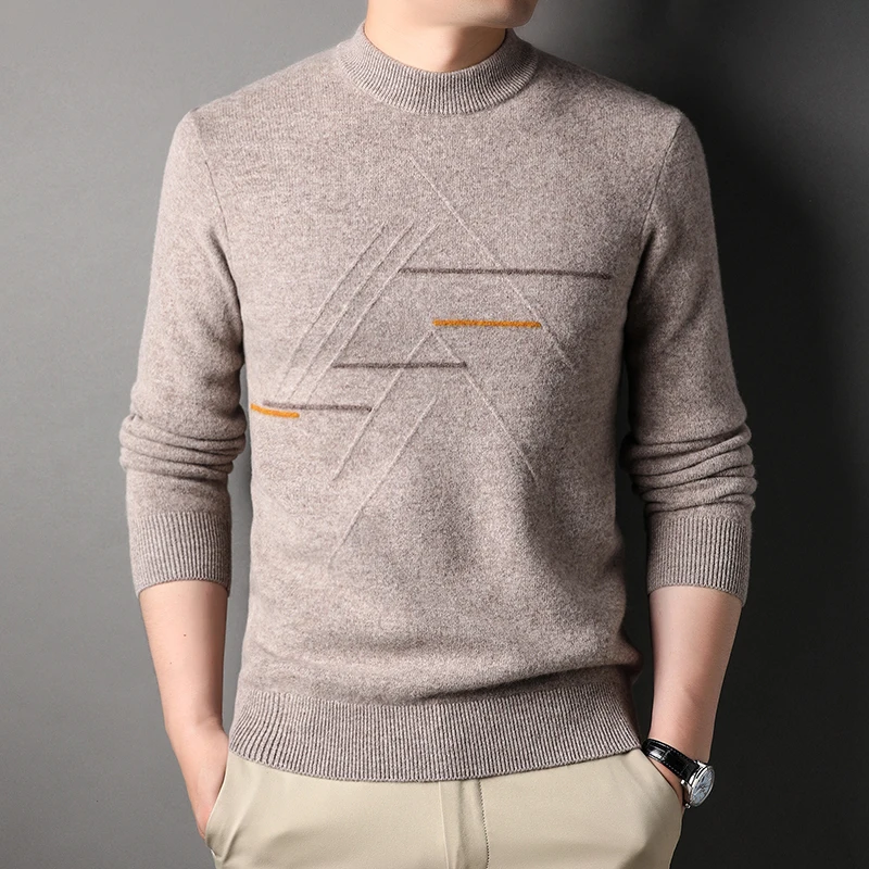 Woolen Sweater Men's Winter Striped Jacquard round Neck Warm Casual Knitted Bottoming Wool Sweater