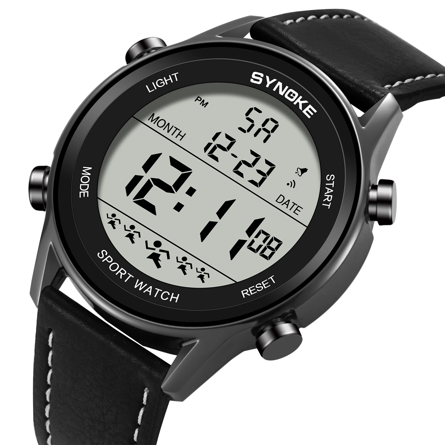 Men's Digital Sport Watch Leather Strap SYNOKE 9855 Electrical Wristwatch Big Screen 50M Waterproof Reloj Hombre