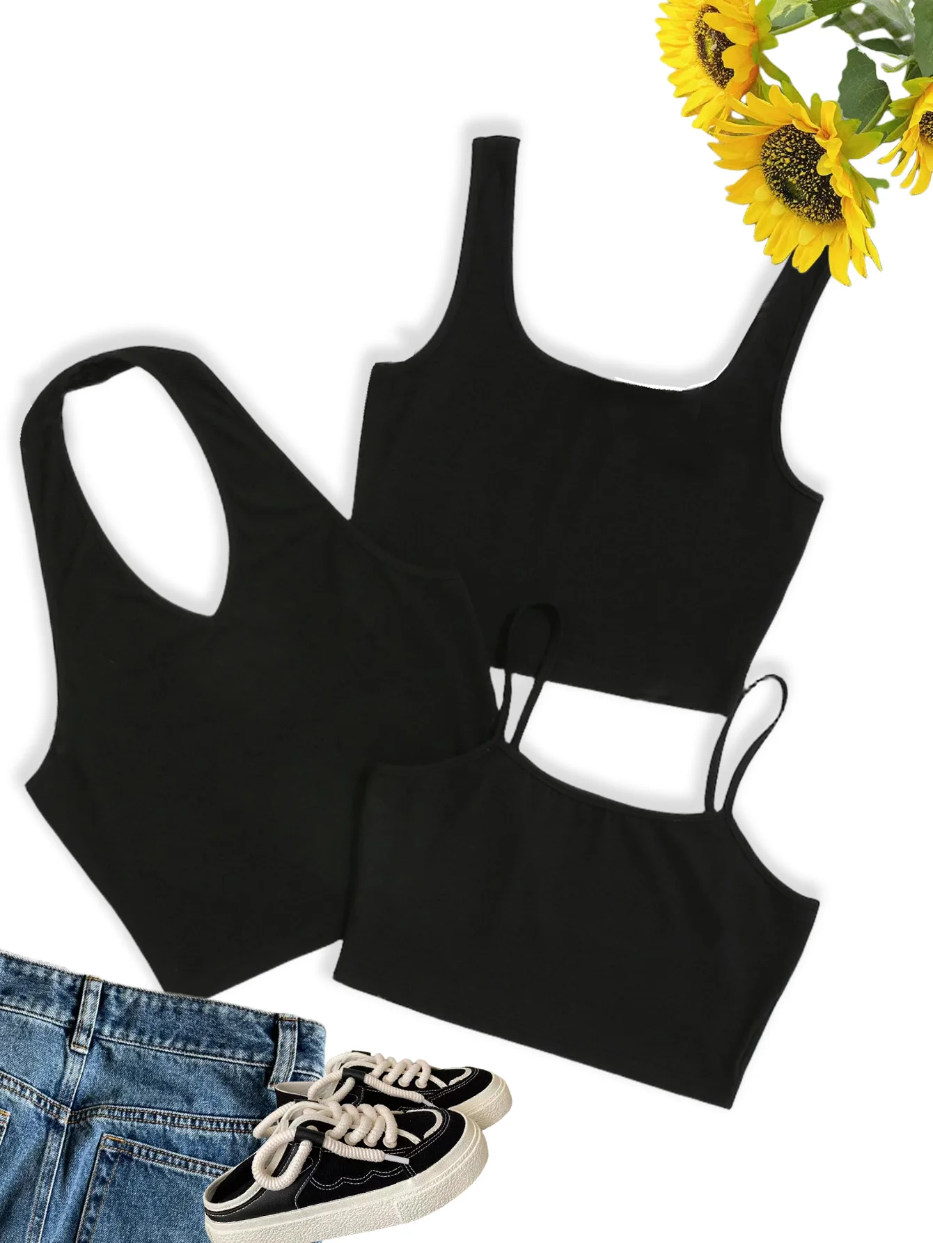 Ladies' fashion casual solid color camisole vest three-piece set