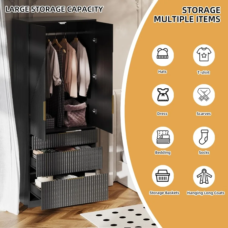 71.7 Freestanding Wooden Wardrobe Armoire with 2 Doors and 3 Drawers for Bedroom Storage Large Capacity Closet with Hanging Rod