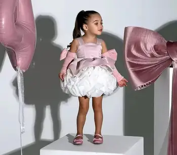 Özelleştirilmiş Çiçek Kız Elbise Pembe Beyaz Saten Kabarık Düğün Doğum Günü Ziyafet Komünyon Törenlerinde Yay Ile Uzun Kollu
