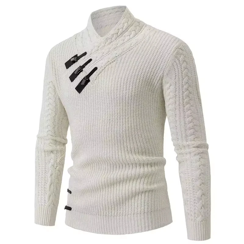 Men's Casual High-neck Sweater, New Autumn and Winter Style, Slanted Button Long-sleeved Jacquard Knitted Sweater.